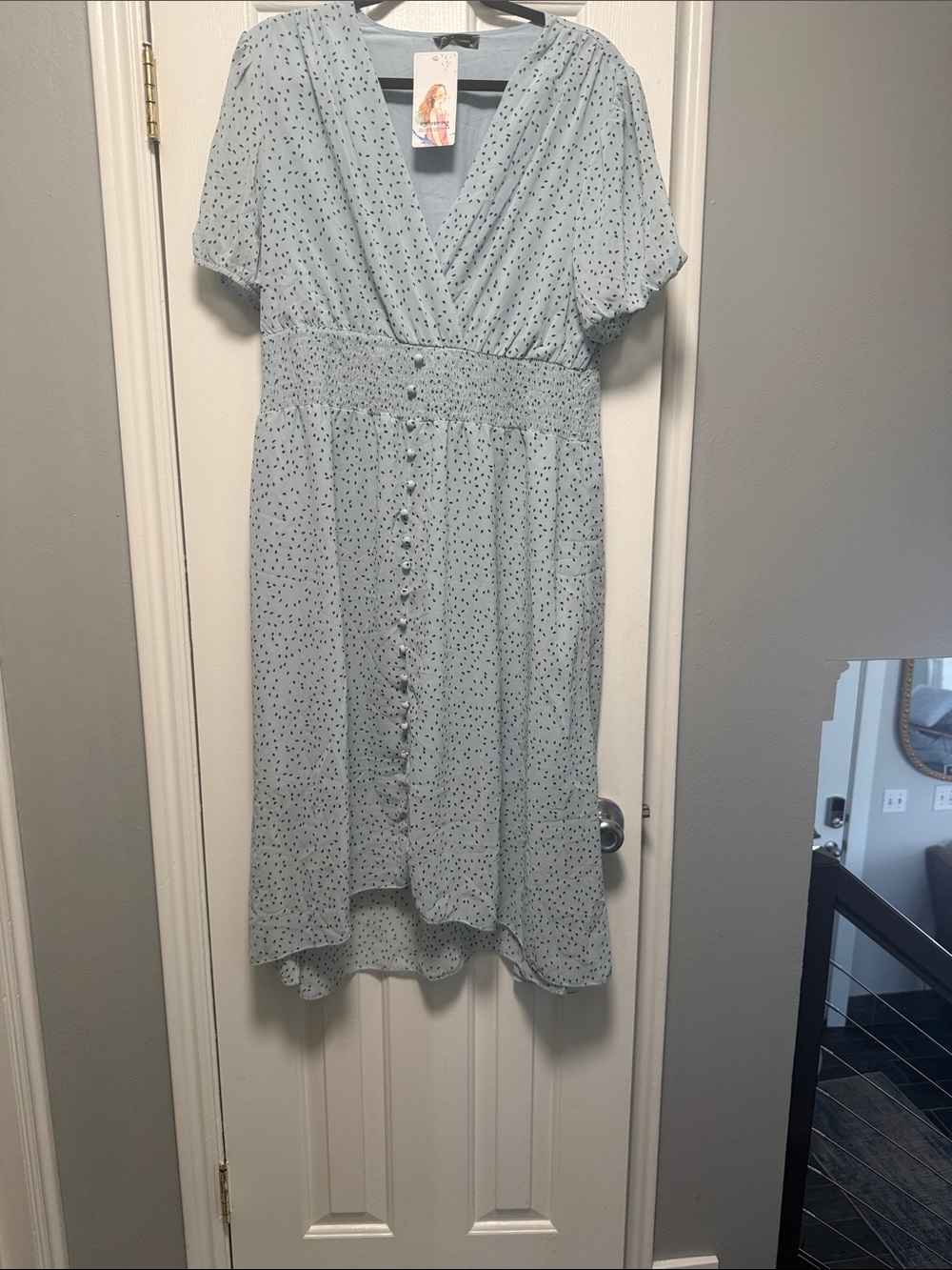 Light Blue Polka Dot Midi Dress with Smocked Waist